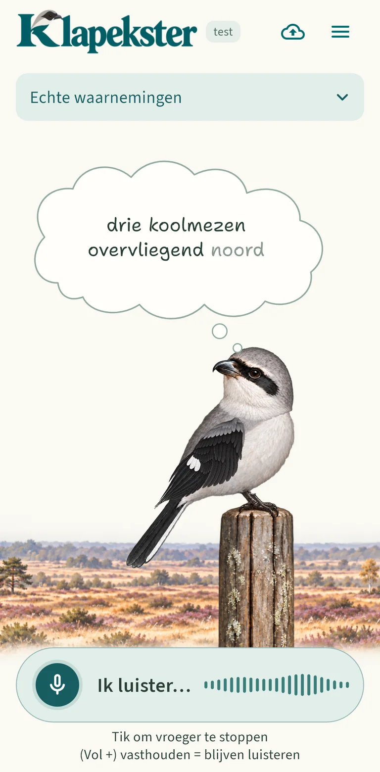 De klapekster luistert. In zijn wolk staat: drie koolmezen overvliegend noord