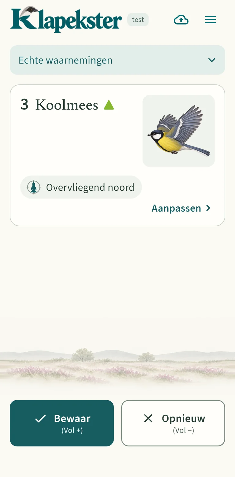 De fiche: drie koolmezen, overvliegend noord, met de knoppen Bewaar en Opnieuw