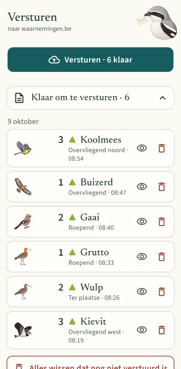 Het scherm Versturen met zes waarnemingen van die ochtend, klaar om te versturen